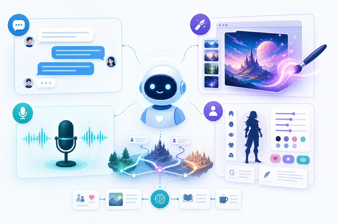 Core features at a glance (chat, image generation, voice, character builder)