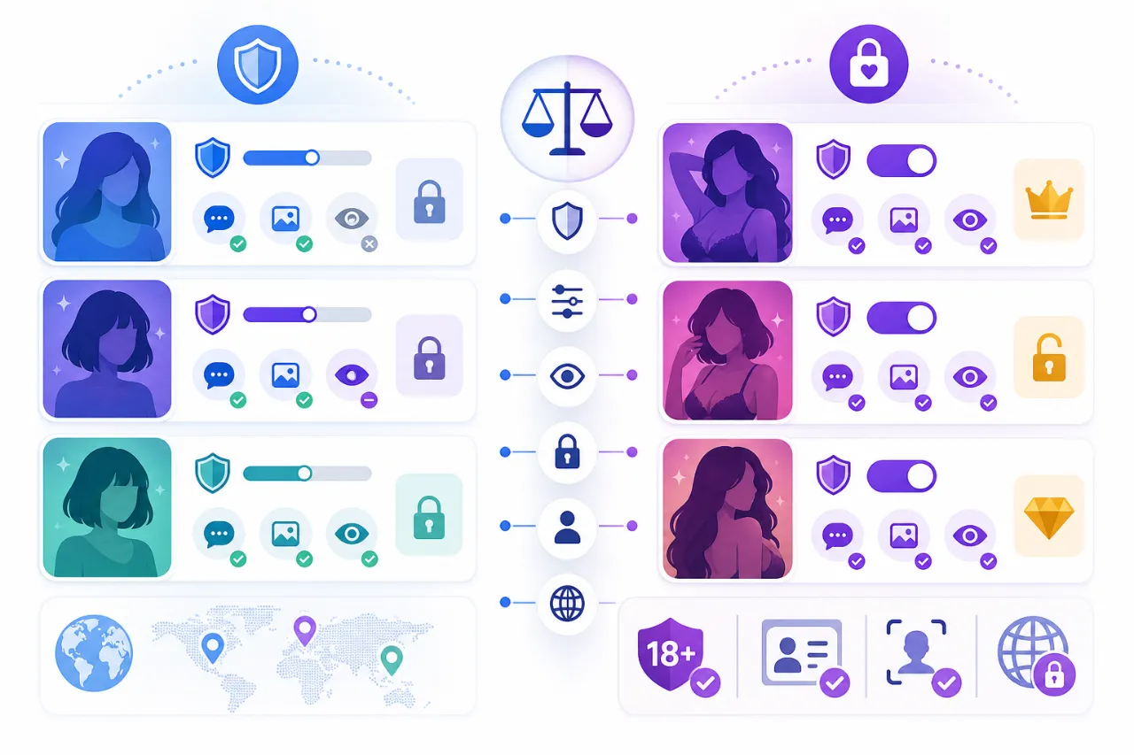 How do safety filters and NSFW options differ across apps?