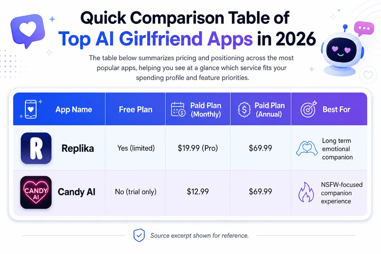 Quick Comparison Table of Top AI Girlfriend Apps in 2026