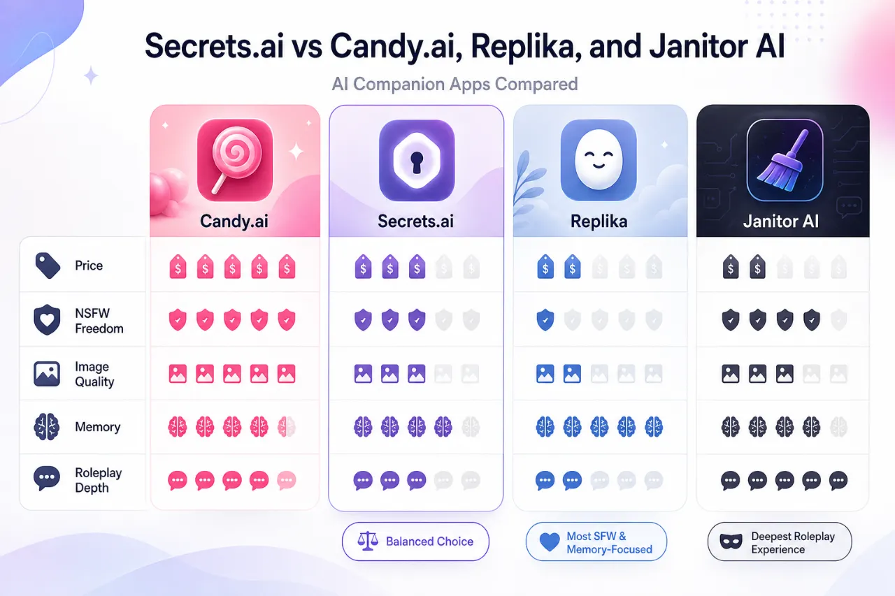 Secrets.ai vs Candy.ai, Replika, and Janitor AI